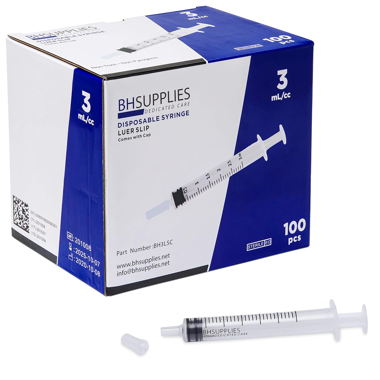 Buy 3ml Sterile Luer Slip Tip Syringe - with Covers -100 Syringes by BH ...